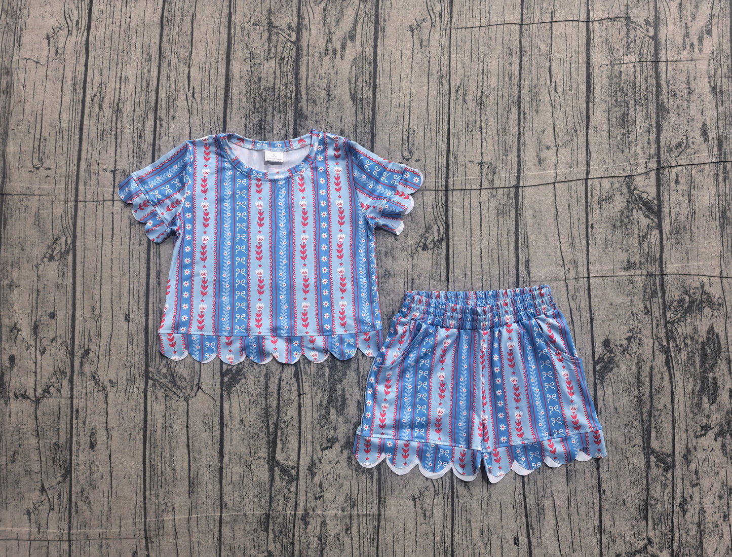 5.8 GSSO3554 Sample No Moq Baby Girls Bows Flowers Stripe Top Pockets Short Scallop Clothes Sets