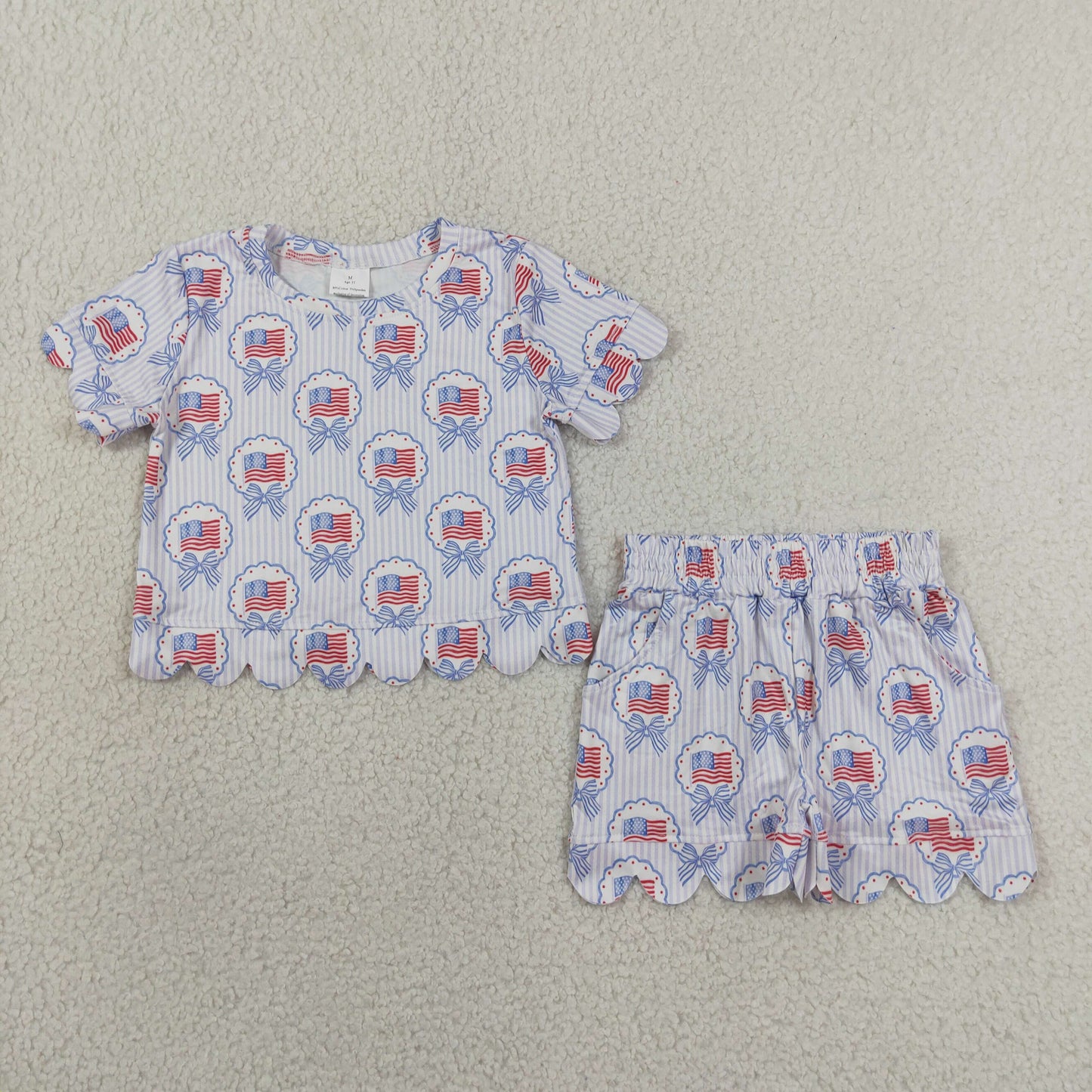 GSSO3555 RTS NO MOQ (In stock)Girls Bows Flags Checked Top Pockets Short 4th of July Scallop Clothes Sets