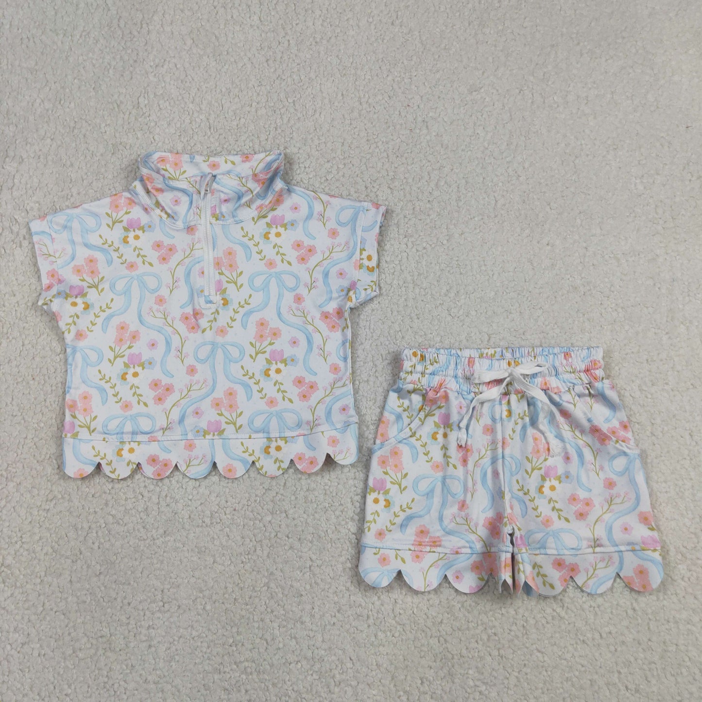 GSSO3575 RTS NO MOQ (In stock )Short sleeves floral bow scallop pullover shorts girls outfits
