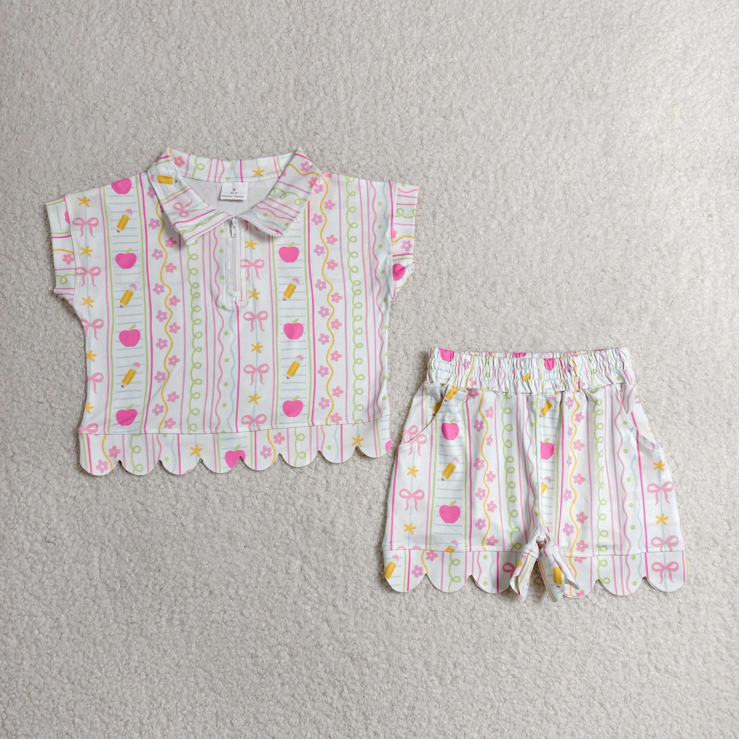 GSSO3582 RTS NO MOQ (In stock)BApple pencil bow scallop girls back to school outfits