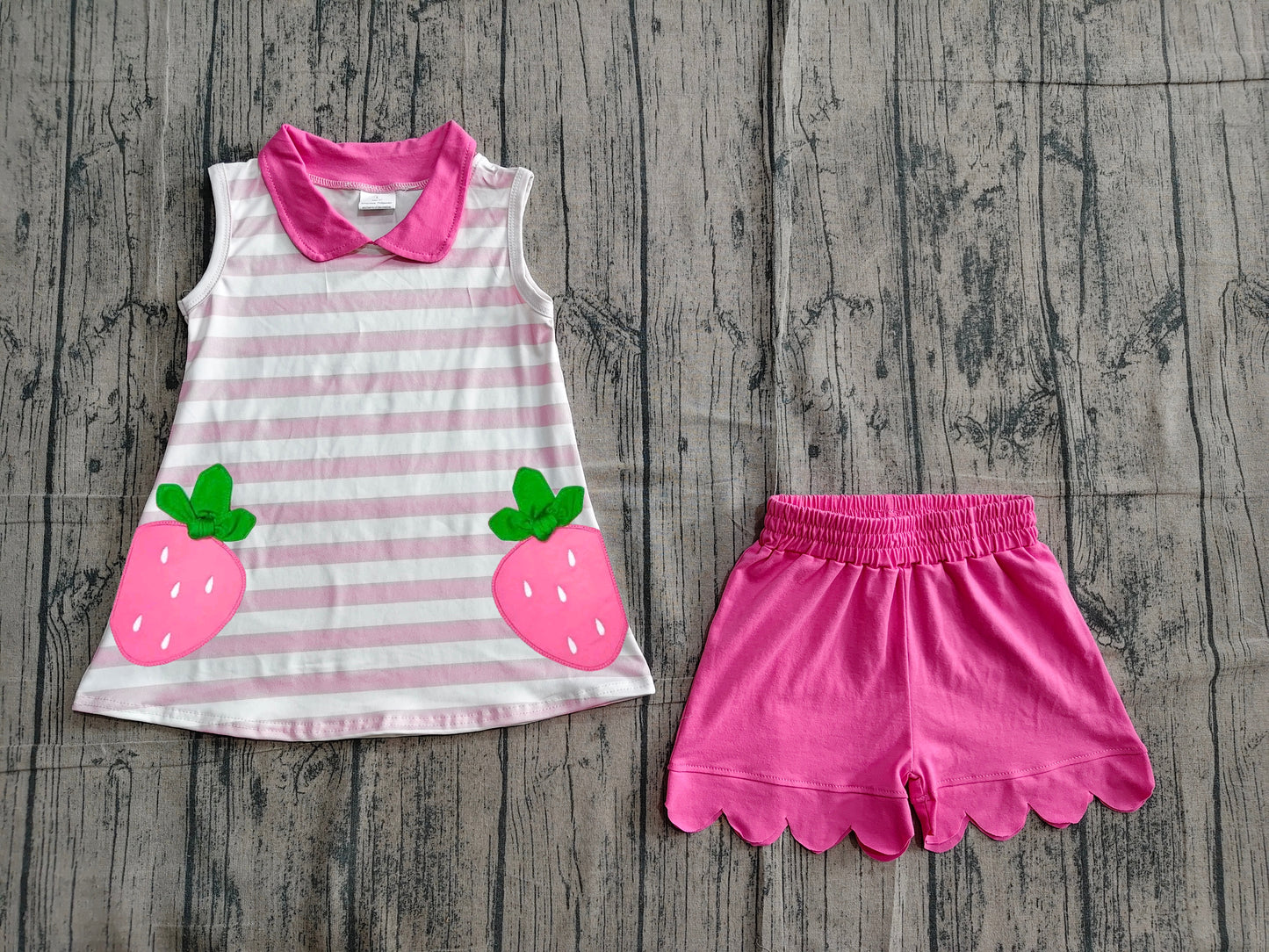 5.11 GSSO3631 Sample No Moq Baby Girls Pink Stripe Strawberry Collar Tunic Scallop Shorts Clothes Set