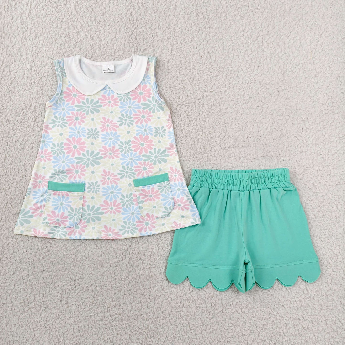 GSSO3632 RTS NO MOQ (In stock )Sleeveless floral pockets top scallop shorts girls outfits