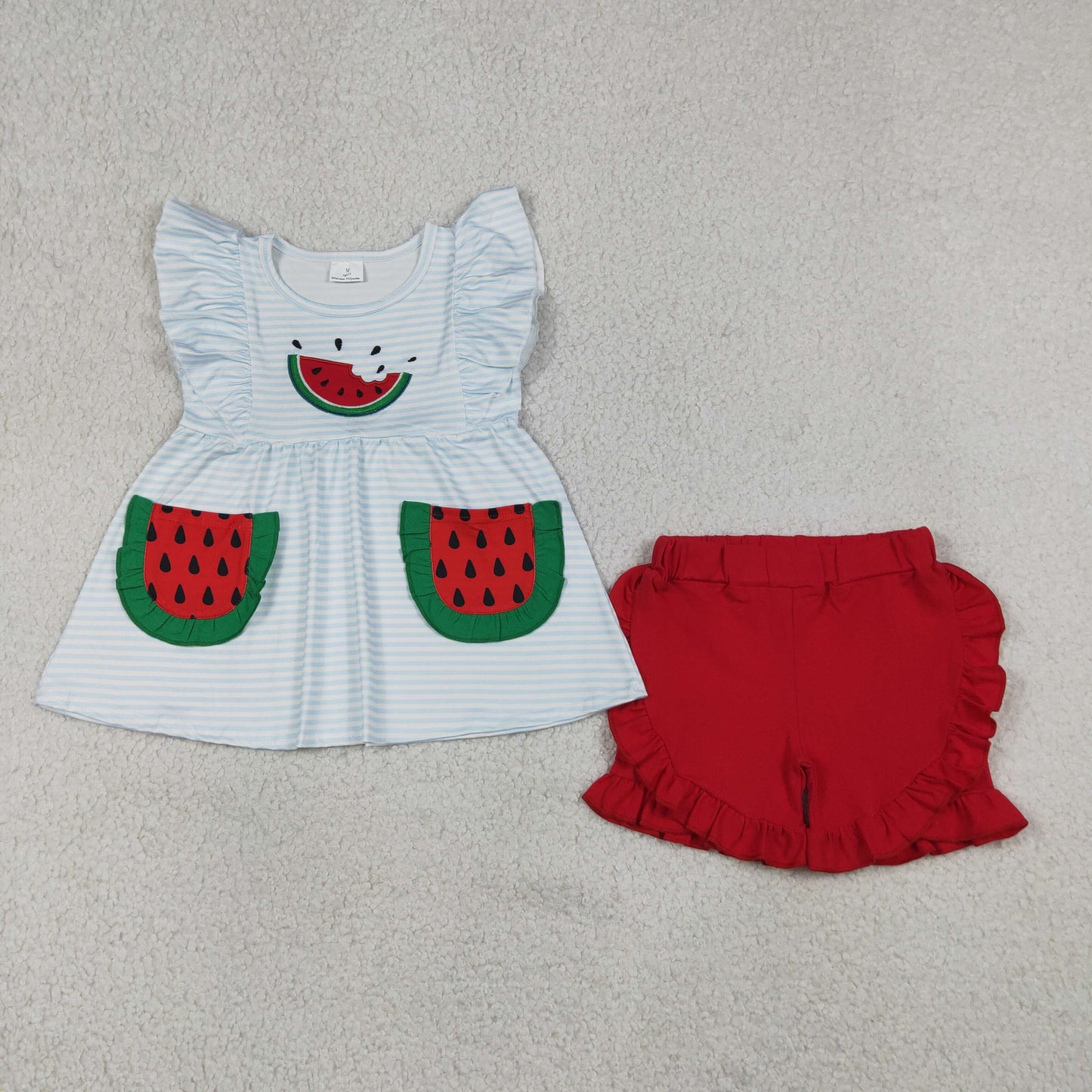 GSSO3636 RTS NO MOQ (In stock)Embroidery Watermelon Baby Girls Blue Stripe Pockets Tunic Ruffle Short Clothes Sets
