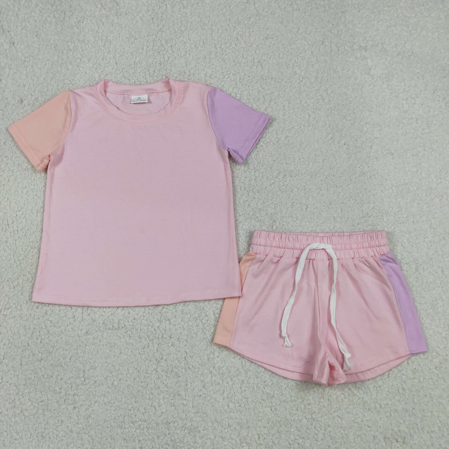 GSSO3638 RTS NO MOQ (In stock)Baby Girls Pink Patchwork Short Sleeve Shirt Top Short Clothes Set