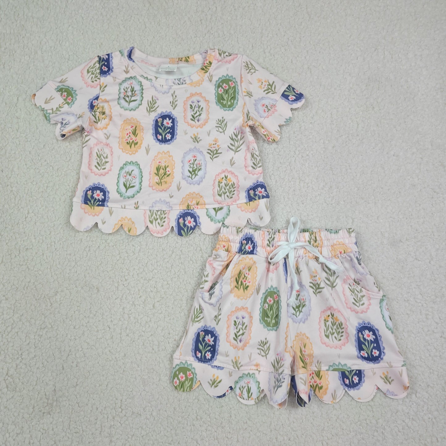 GSSO3643 RTS NO MOQ (In stock)Short sleeves scallop floral toddler girls summer clothes