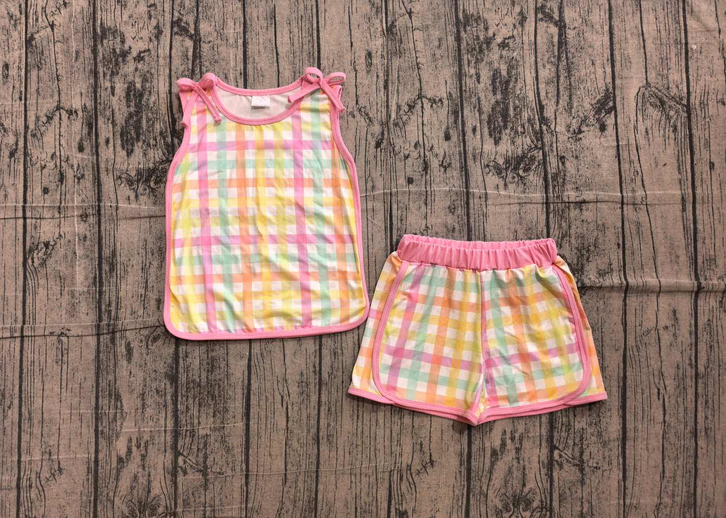 6.10 GSSO3659 Sample No Moq Baby Girls Colorful Check Plaid Sleeveless Shirt Top Elastic Waist Shorts Two Piece Casual Summer Clothes Set