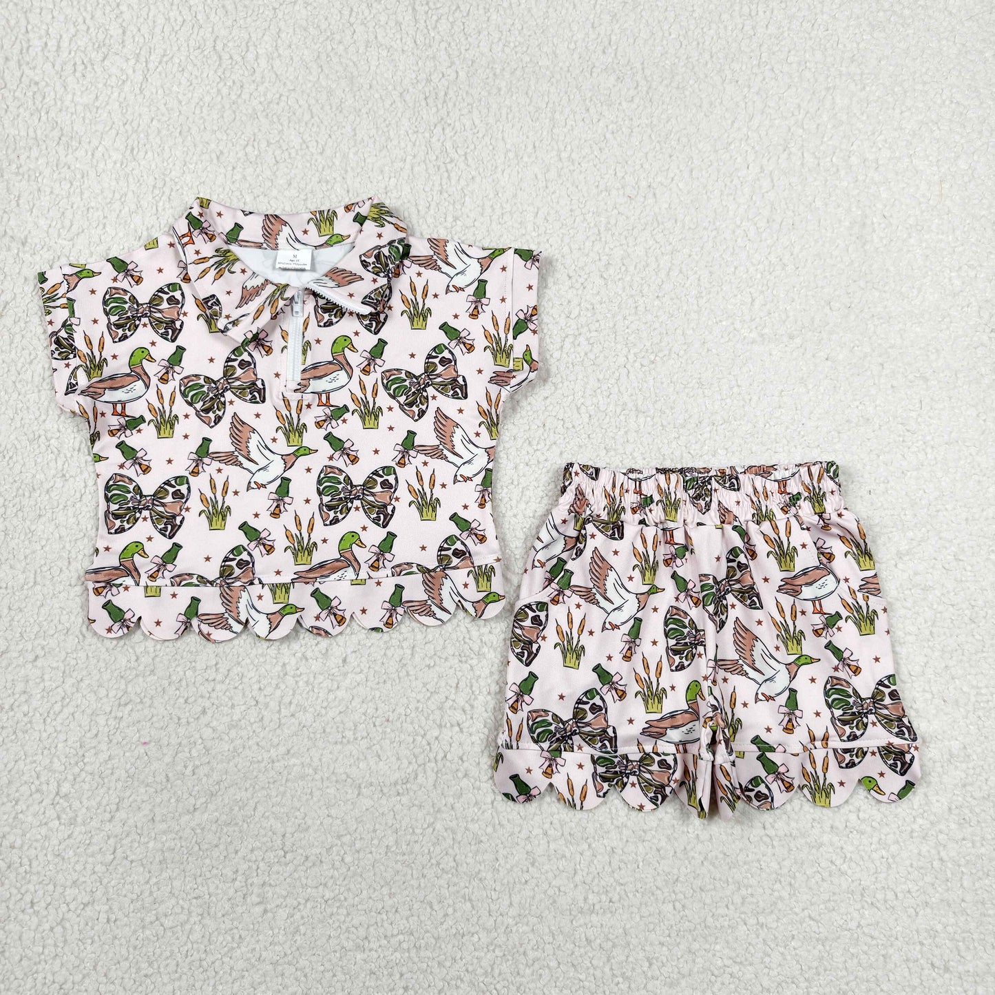 GSSO3669 RTS NO MOQ (In stock )Short sleeves scallop duck camo bow girls summer clothes