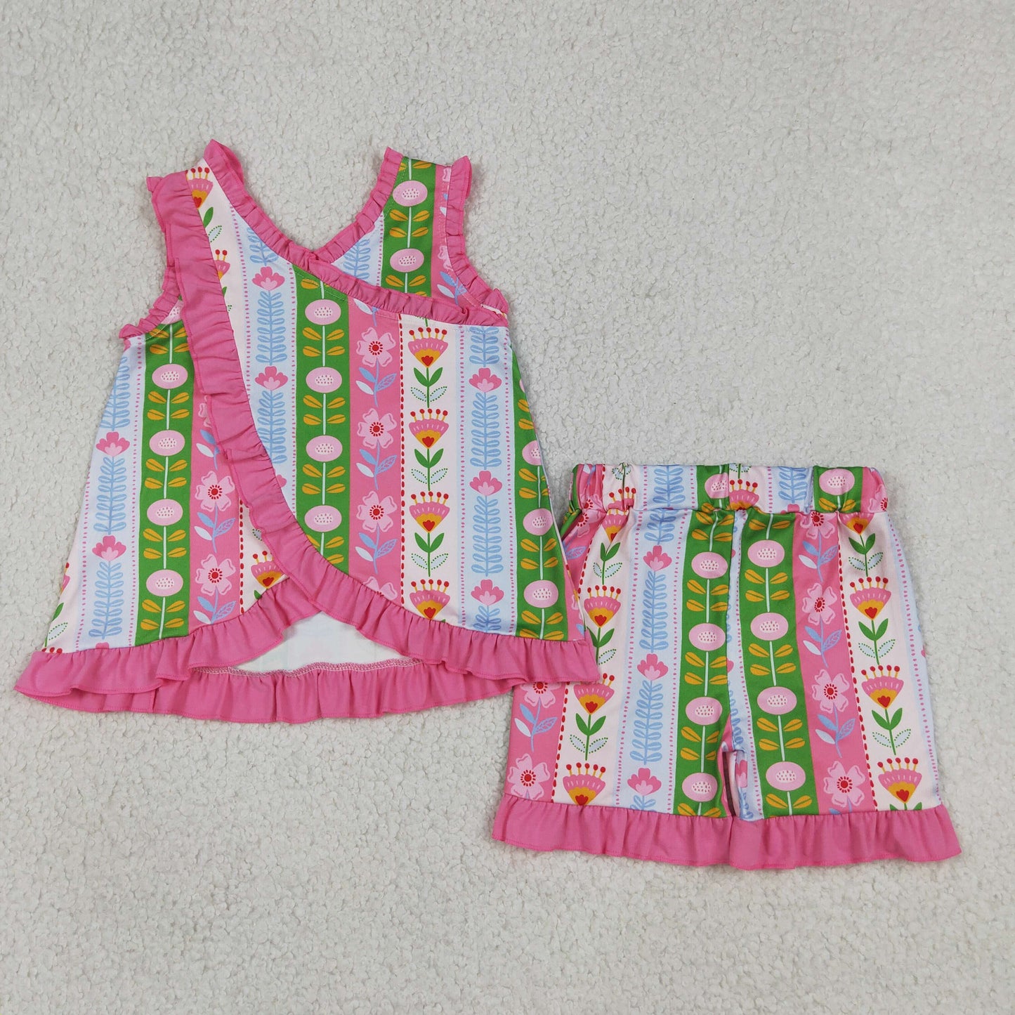 GSSO3676 RTS NO MOQ (In stock)Baby Girls Sleeveless Colorful Flowers Stripe Tunic Ruffle Short Clothes Set