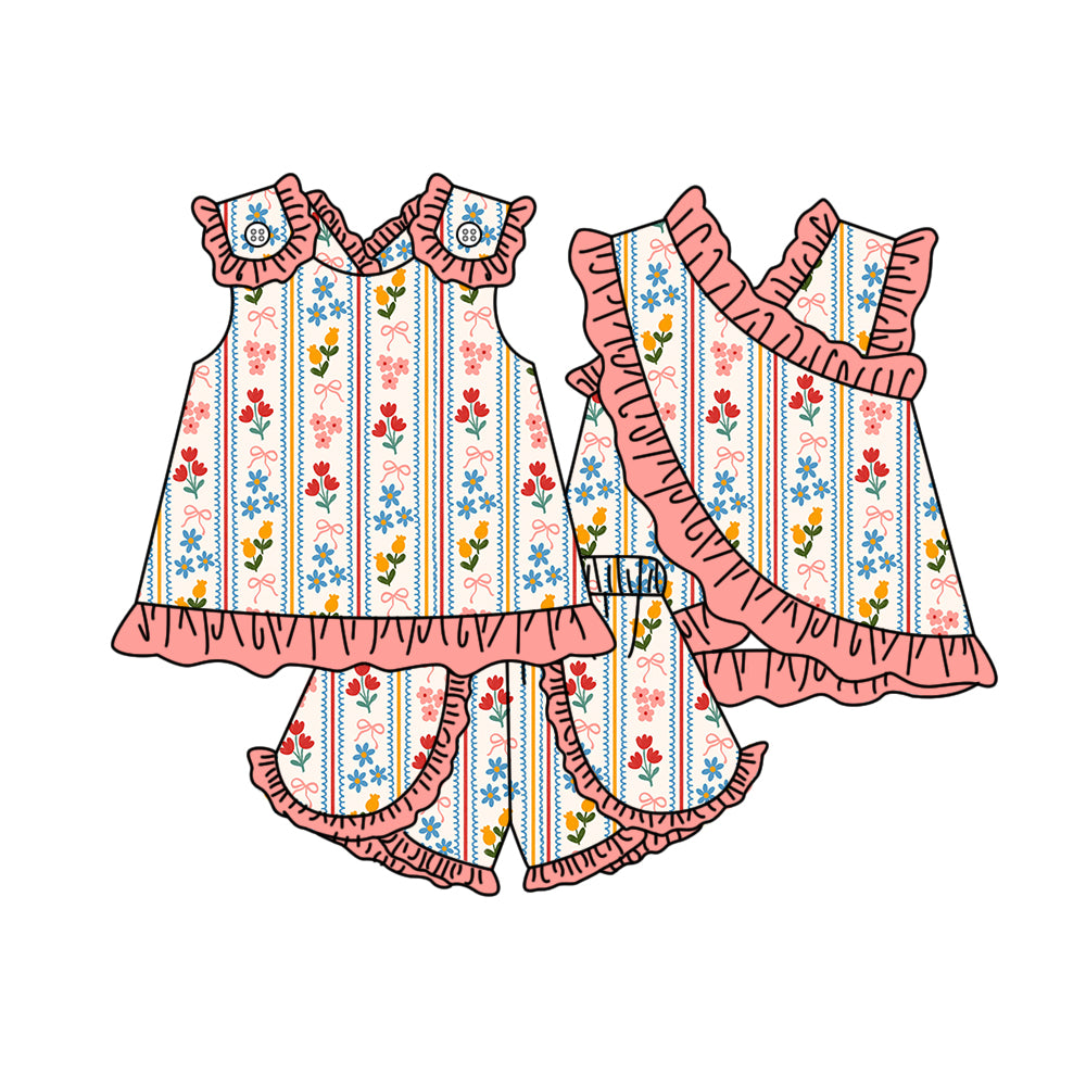 3.30 GSSO3680 Baby Girls Sleeveless Colorful Flowers Tunic Ruffle Short Clothes Set