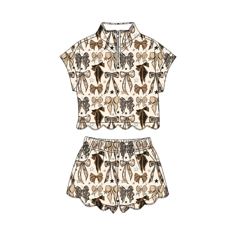 4.3 Pre order No Moq Baby Girls Leopard Bows Stripe Zipper Top Short Scallop Clothes Sets