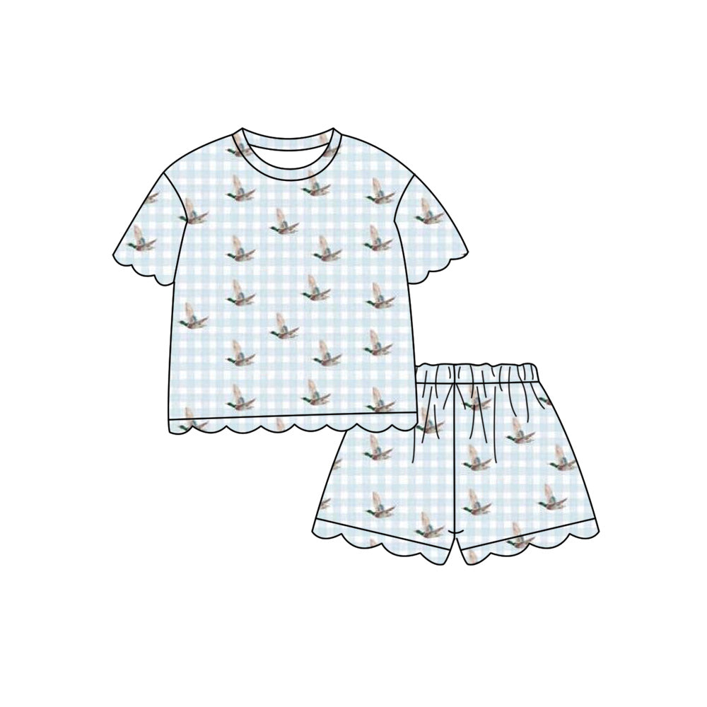 4.7 GSSO3725 Pre order No Moq Baby Girls Blue Checked Ducks Top Short Hunting Scallop Clothes Set