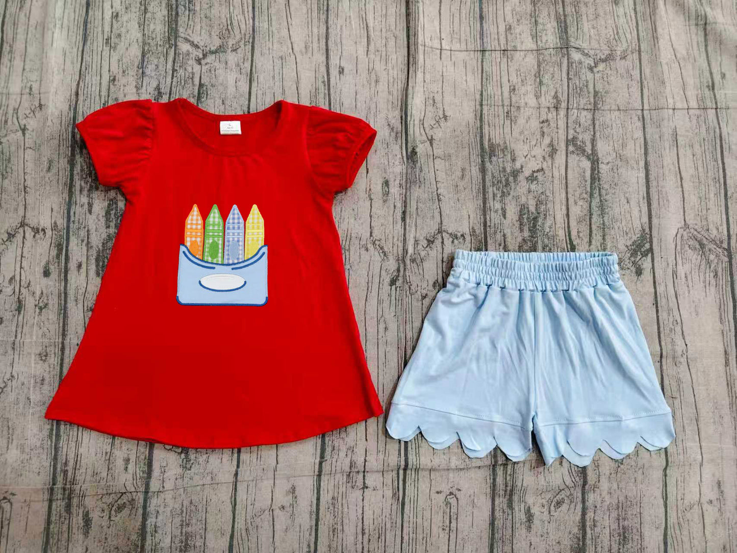 4.18 GSSO3727 Sample No Moq Embroidery Pencils Baby Girls Tunic Scallop Short Back to School Clothes