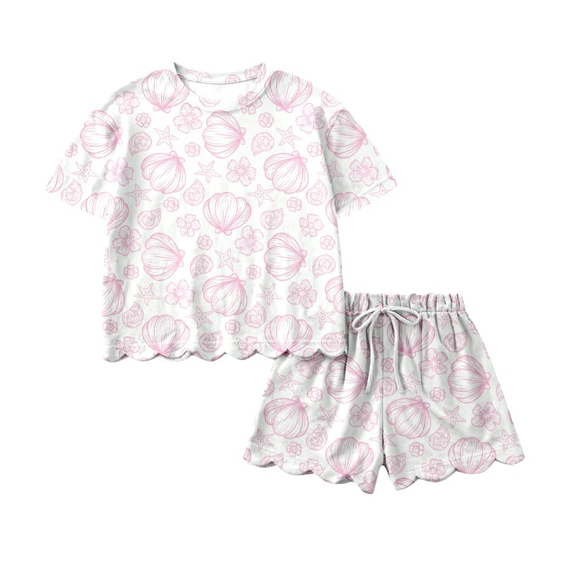 4.8 GSSO3729 Pre order No Moq Baby Girls Shells Flowers Top Short Scallop Clothes Set