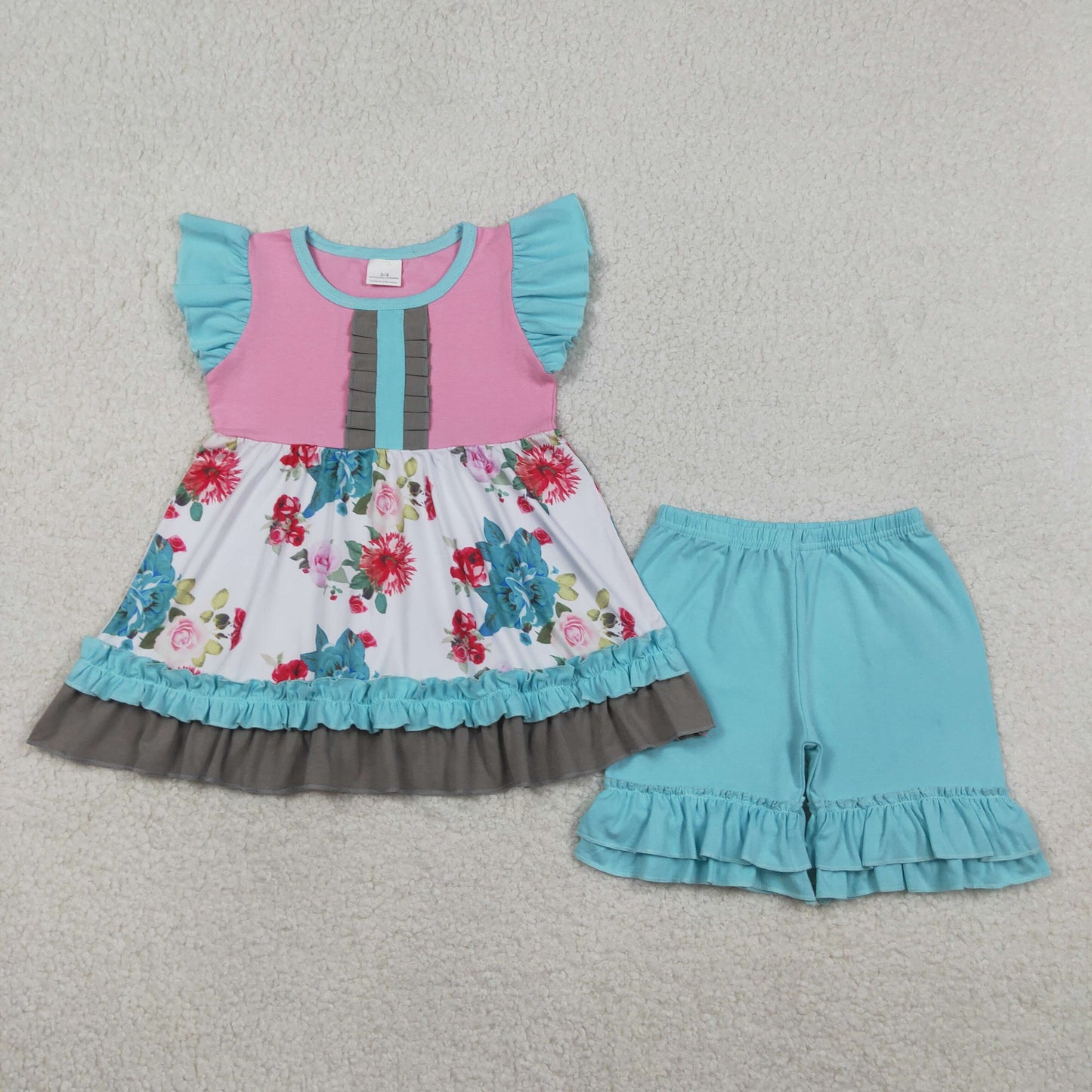 4.10 GSSO3744 RTS NO MOQ (In stock )Baby Girls Flutter Sleeve Flowers Tunic Ruffle Pants Clothes Set