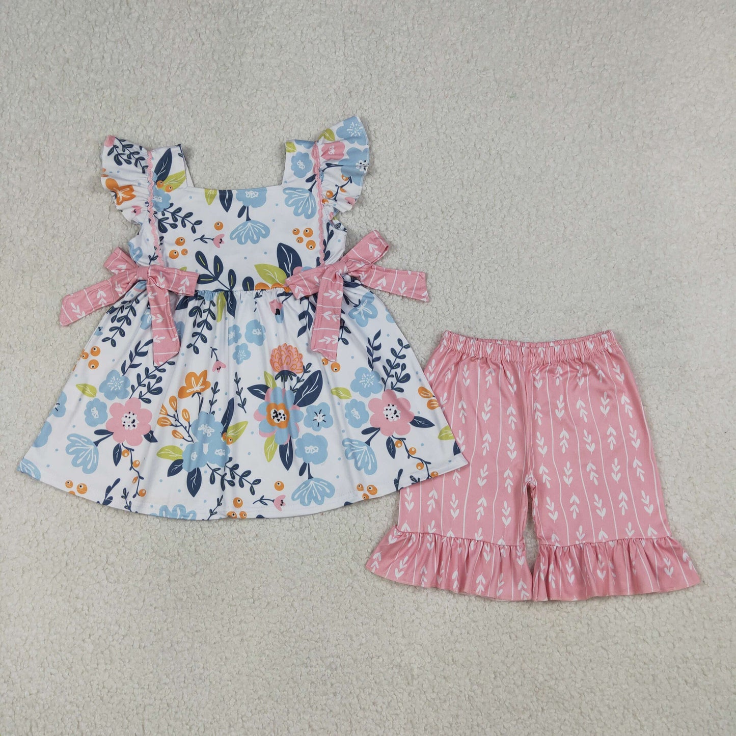 4.10 GSSO3746 RTS NO MOQ (In stock )Baby Girls Flutter Sleeve Flowers Tunic Ruffle Shorts Clothes Sets
