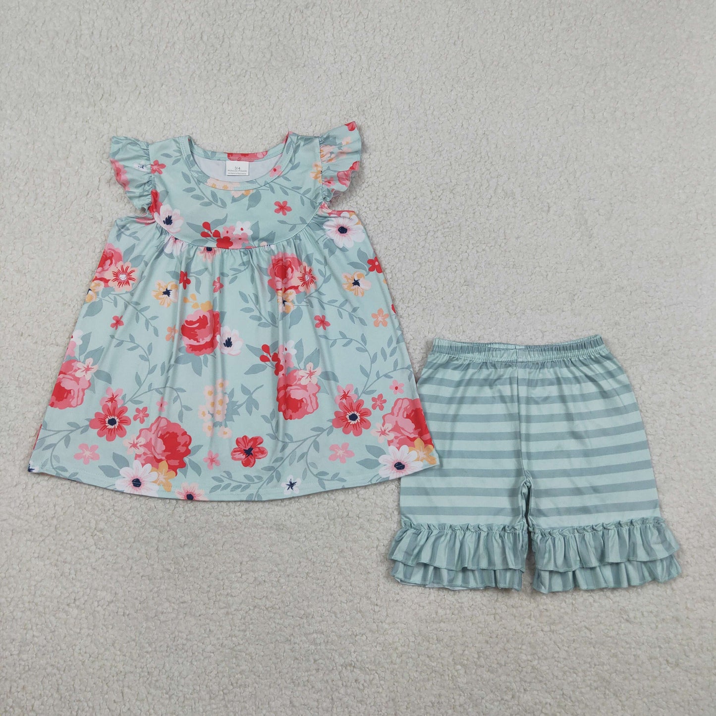 4.10 GSSO3748 RTS NO MOQ (In stock )Baby Girls Flutter Sleeve Flowers Tunic Stripe Ruffle Short Clothes Set