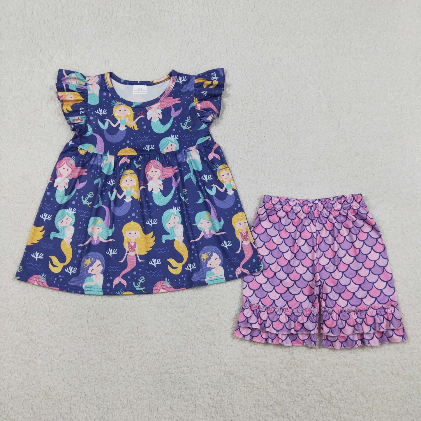 4.10 GSSO3751 RTS NO MOQ (In stock )Baby Girls Purple Flutter Sleeve Tunic Ruffle Shorts Clothes Set