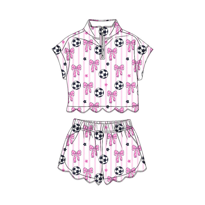 4.11 Pre order No Moq Baby Girls Footballs Bows Team Yoga Active Scallop Short Knee Length Dress and Clothes Set
