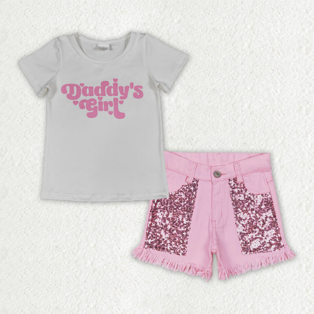 4.14 GSSO3757 (GT1566+SS0230) RTS NO MOQ (In stock )Daddy's girl top sequin denim shorts kids summer clothes
