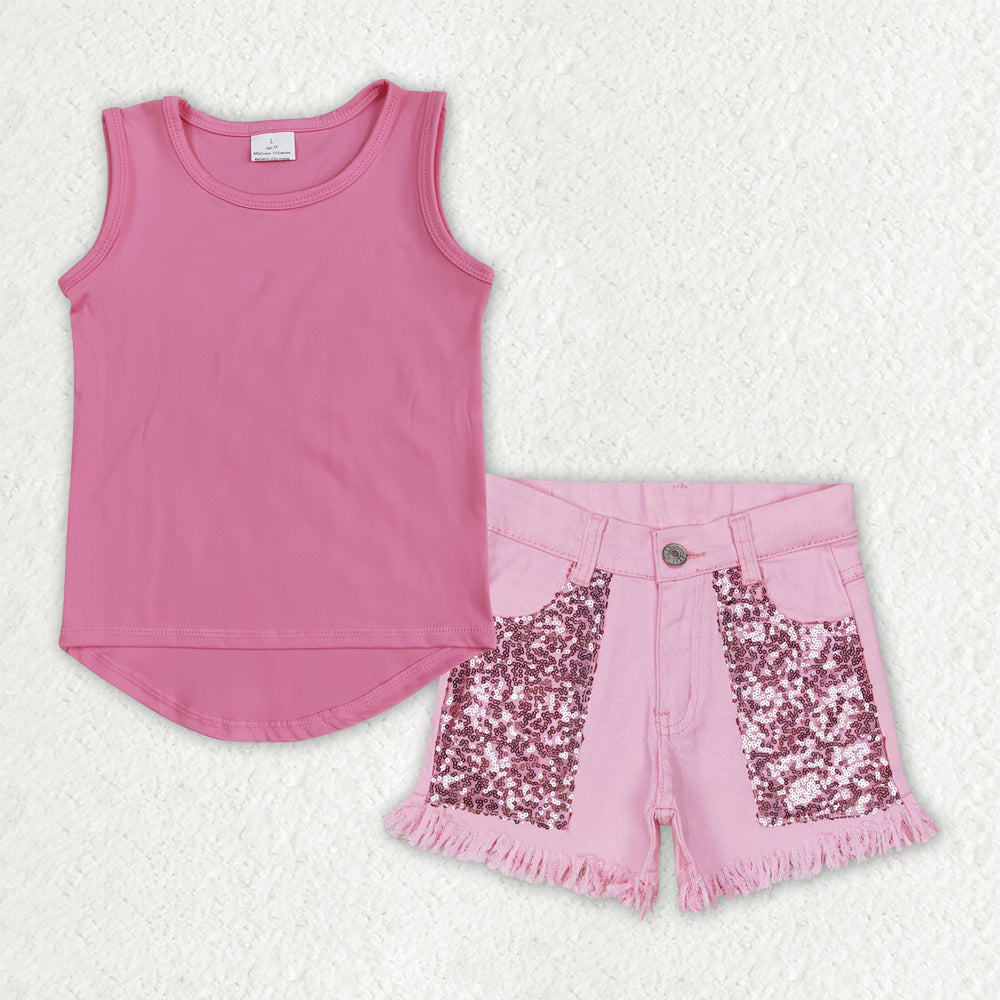 4.14 GSSO3758 (GT0983+SS0230) RTS NO MOQ (In stock )Sleeveless active top sequin denim shorts girl summer clothes
