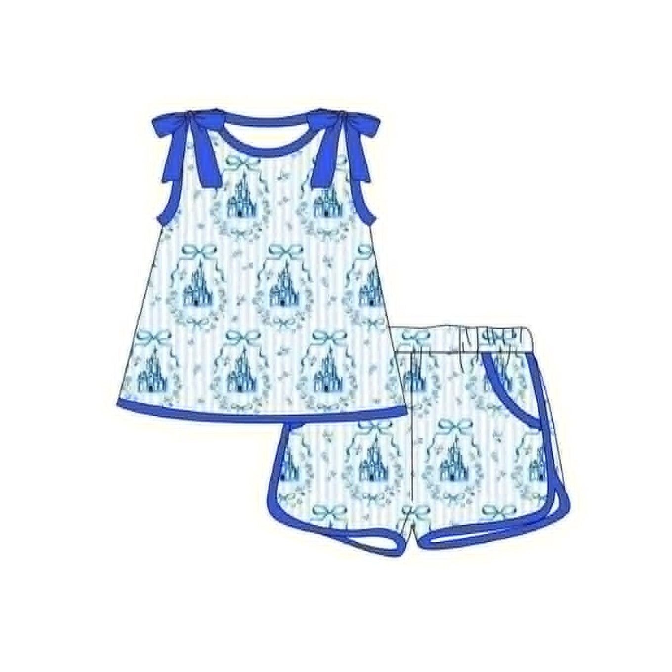 4.16 Pre order No Moq Baby Girls Flutter Sleeve Pink Bows Castles Top Short Clothes Sets