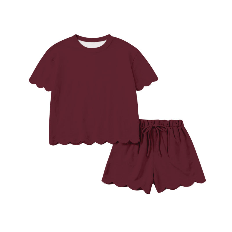 4.22 GSSO3778 Pre order No Moq Baby Girls Lovely Red Top and Scallop Shorts Two Piece Set