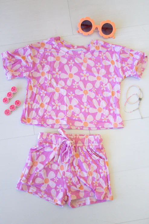 4.23 GSSO3783 Pre order No Moq Baby girl Pink floral short sleeve shirt shorts set