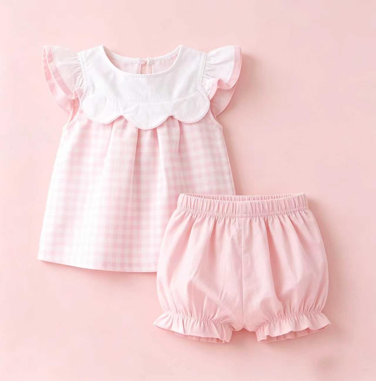 4.25 GSSO3786 Pre order No Moq Baby Girls Flutter Sleeve Pink Checked Tunic Ruffle Short Clothes Set