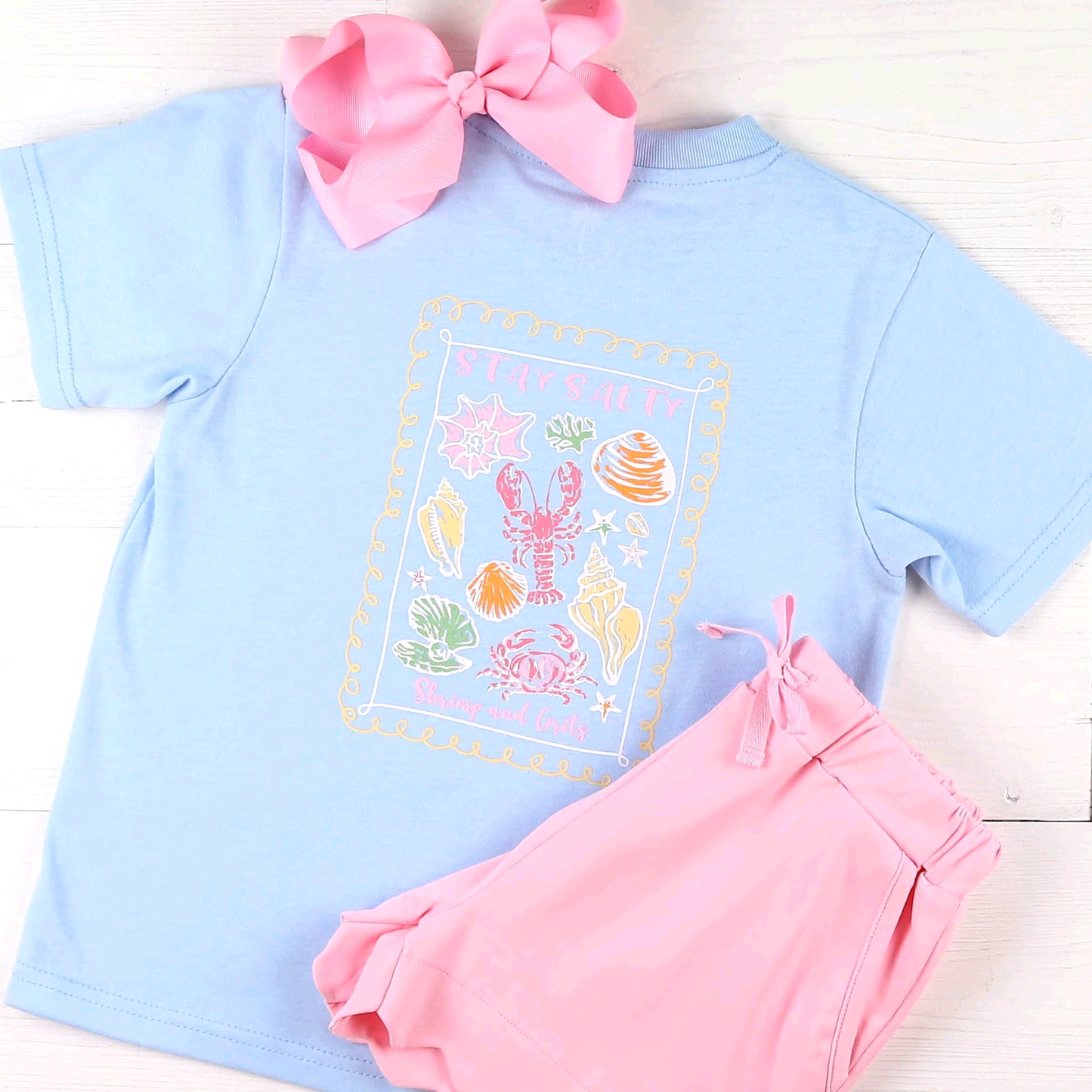 4.29 GSSO3787 Pre order No Moq Baby Girls Cute Blue Crayfish Shell Top Pocket Shorts Set