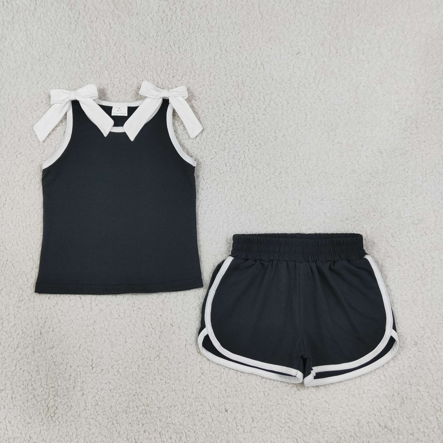GSSO3817 RTS NO MOQ (In stock)cotton Baby Girls Black White Bows Sleeveless Top Short Clothes Sets