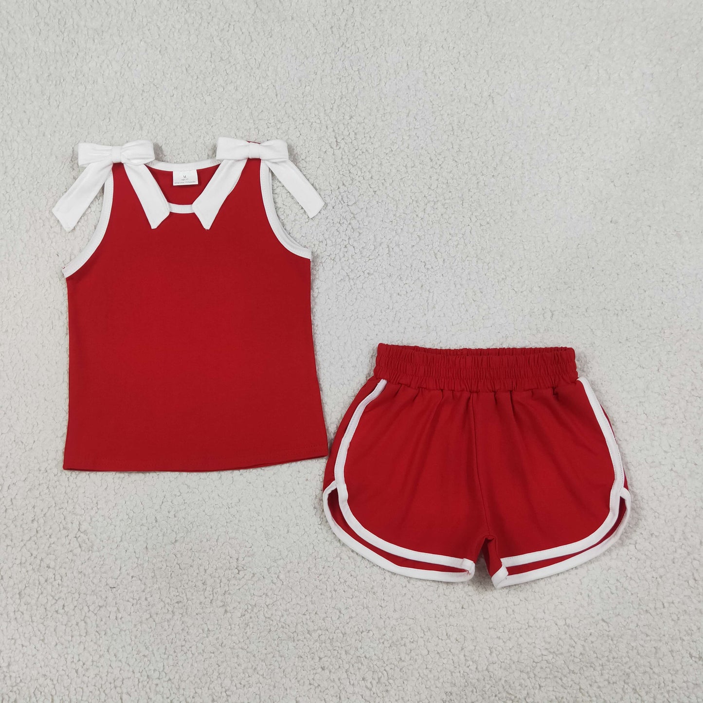 GSSO3821 RTS NO MOQ (In stock)Sleeveless white bow red top shorts girls team outfits