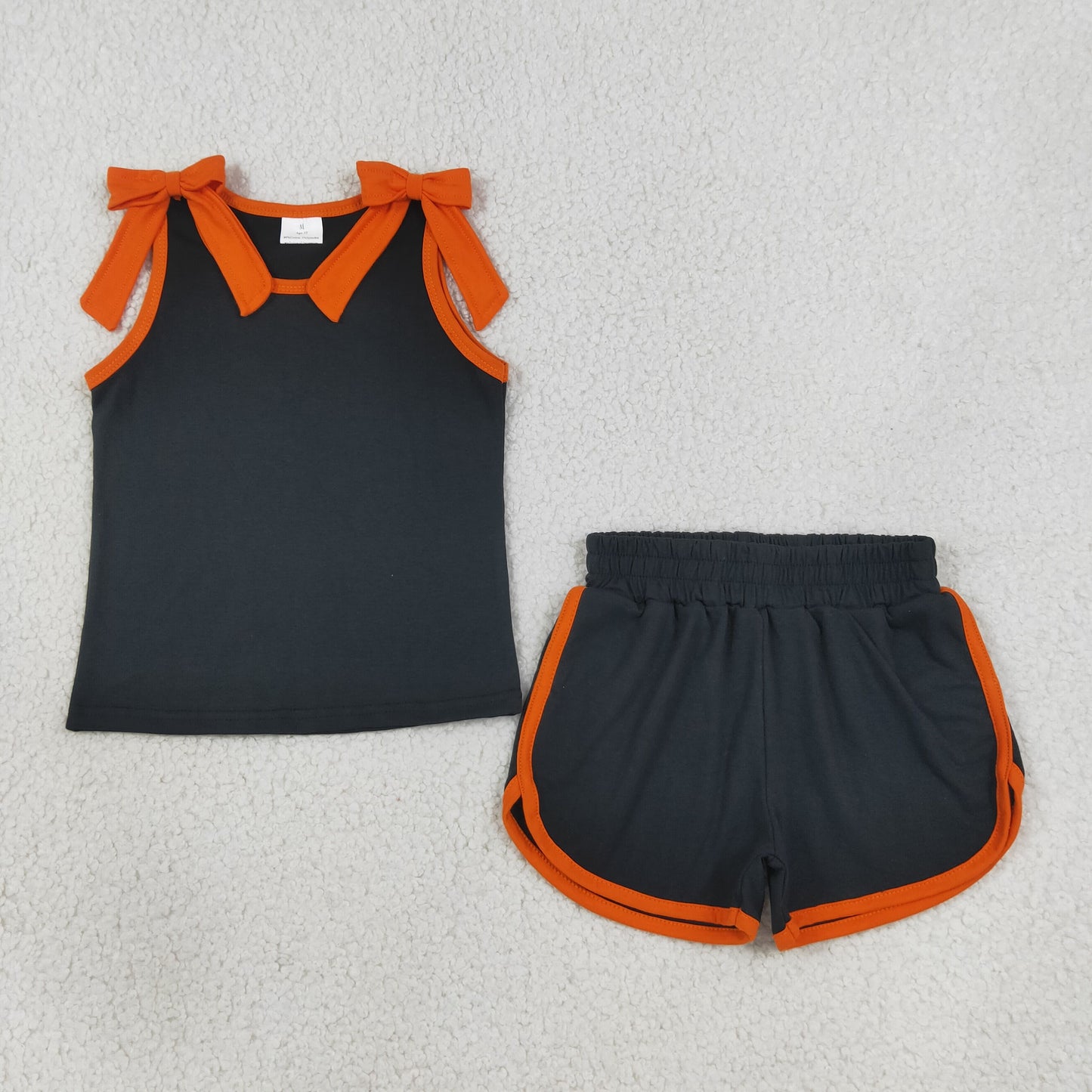 GSSO3822 RTS NO MOQ (In stock)cotton Baby Girls Orange Black Bow Print Sleeveless Top Shorts Summer Set