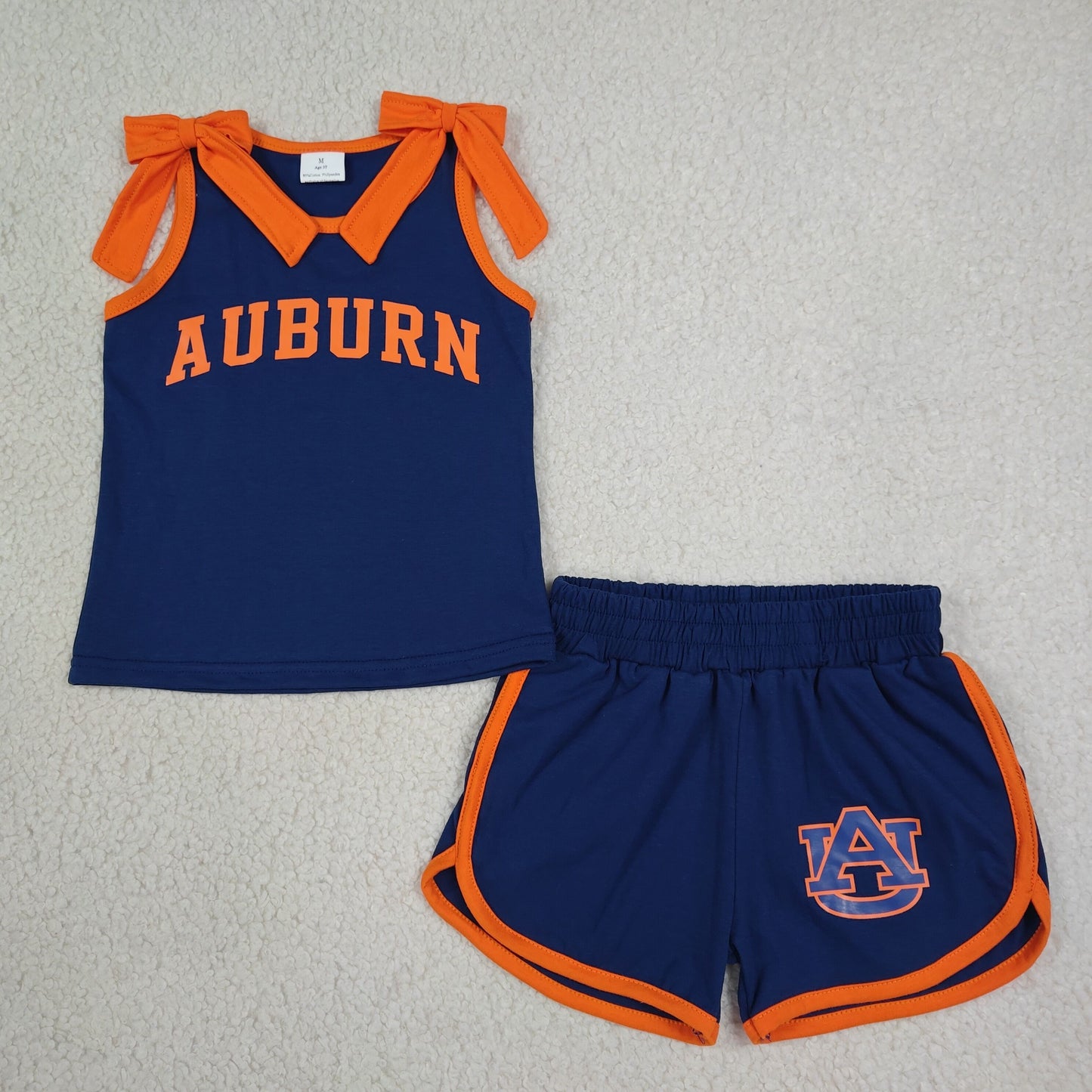 GSSO3828 RTS NO MOQ (In stock)Sleeveless orange bow navy top shorts team girls outfits