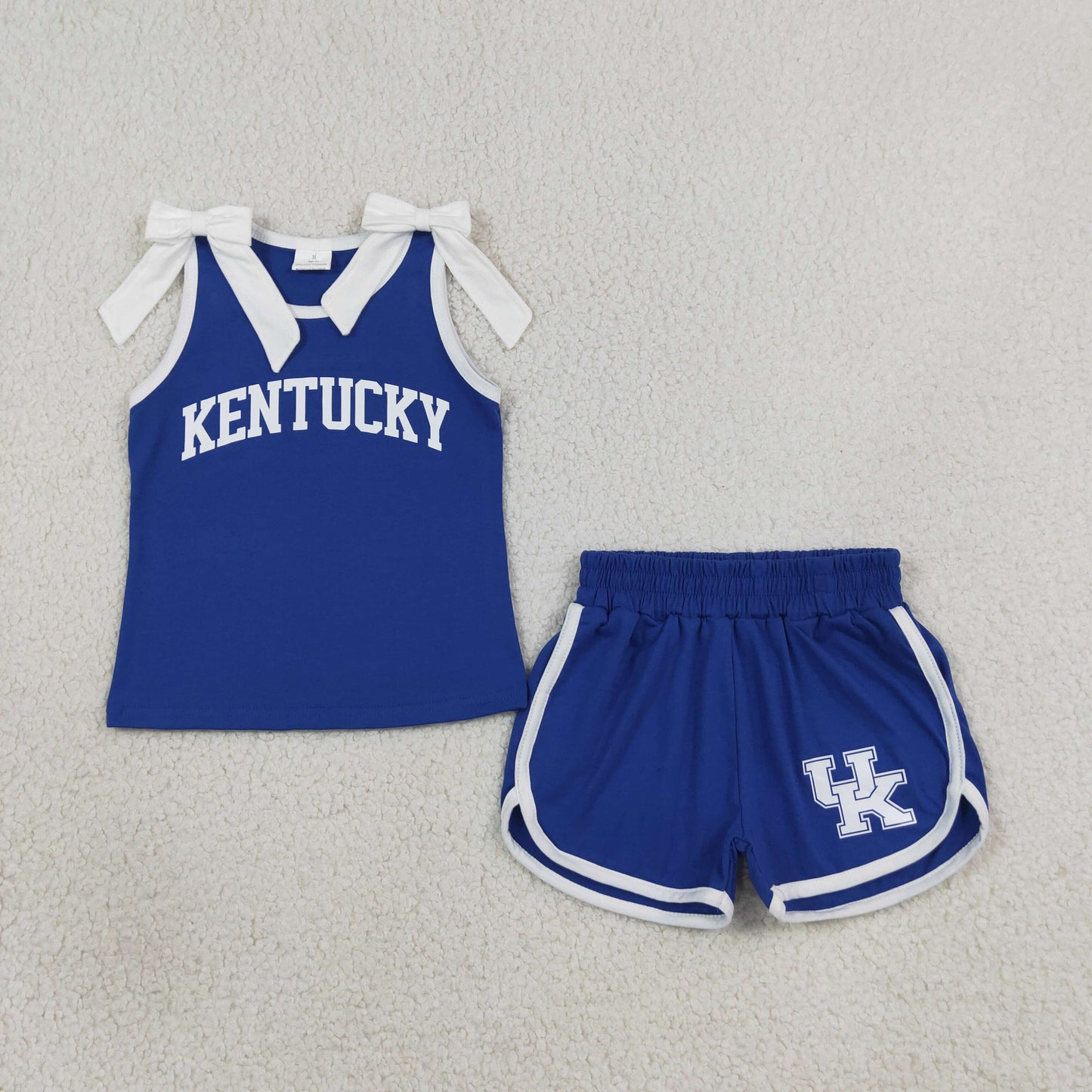 GSSO3830 RTS NO MOQ (In stock)Sleeveless white bow blue top shorts U K team girls outfits