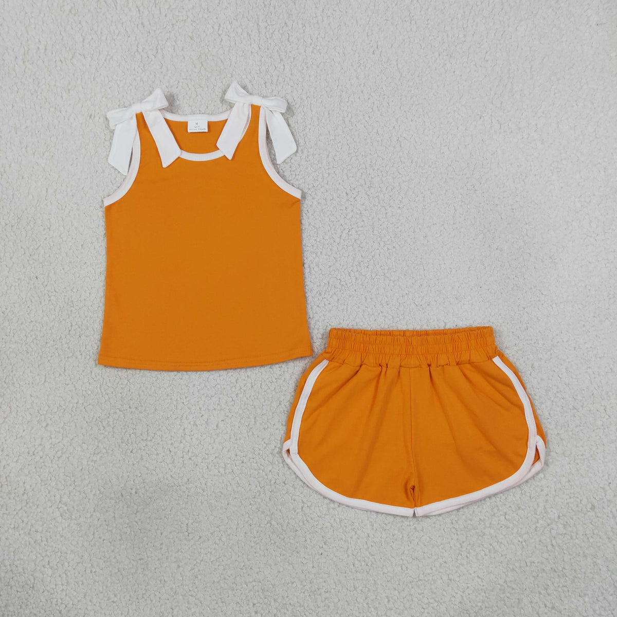 RTS NO MOQ (In stock)cotton GSSO3851 Baby Girls Orange White Bow Sleeveless Top Shorts Summer Sets