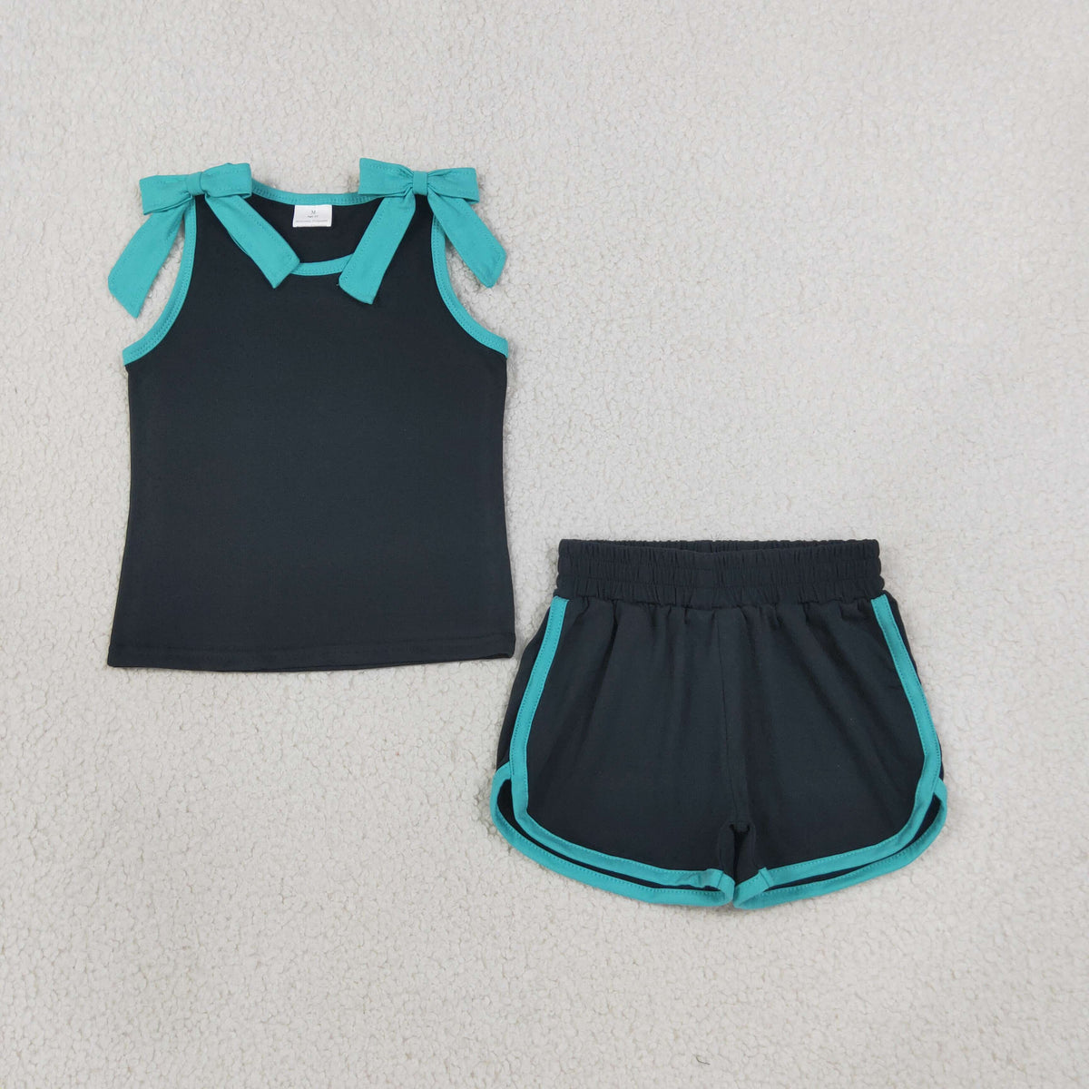 RTS NO MOQ (In stock)GSSO3856 milk silk Baby Girls Black Lake Blue Bows Sleeveless Vest Short Clothes Sets