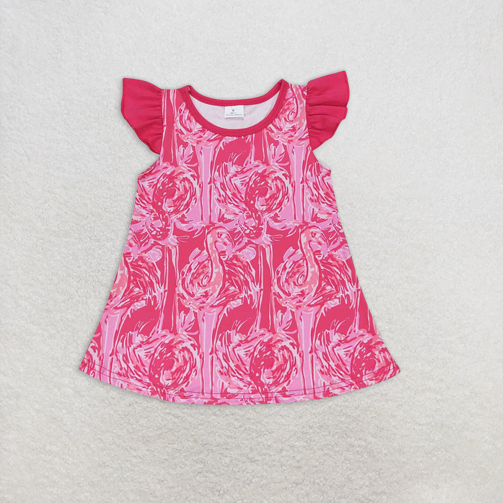 6.18 RTS NO MOQ Hot pink watercolor flamingo top ruffle shorts girls clothes dress tops