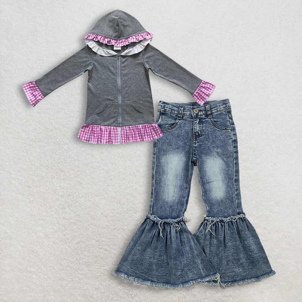 12.10 RTS NO MOQ (In stock)GT0260 + P0676 Baby Girls Pink Plaid Hoodie Zip Cardigan Jackets Denim Flare Pants Jeans