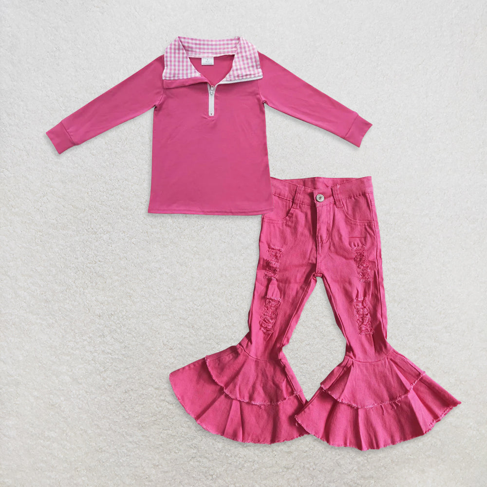 10.14 RTS NO MOQ (In stock)GT0276 + D14-14 Baby Kids Hotpink Long Sleeve Elbow Pullover Tee Shirt Tops Flare bell pants