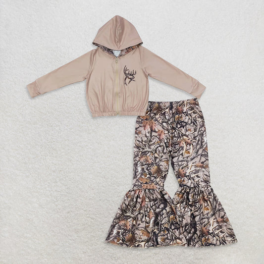 USA Warehouse (IN STOCK) GLP0472 Camo Deer Long Sleeve Hooded Jacket for Girls Bell Bottom Pants Hunting Outfit Girls Outdoor Camouflage Clothing Set