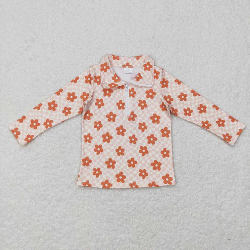 10.23 RST Sibling Baby Girls Boutique Flowers Checked Long Sleeves Half Zipper Pullovers Tops