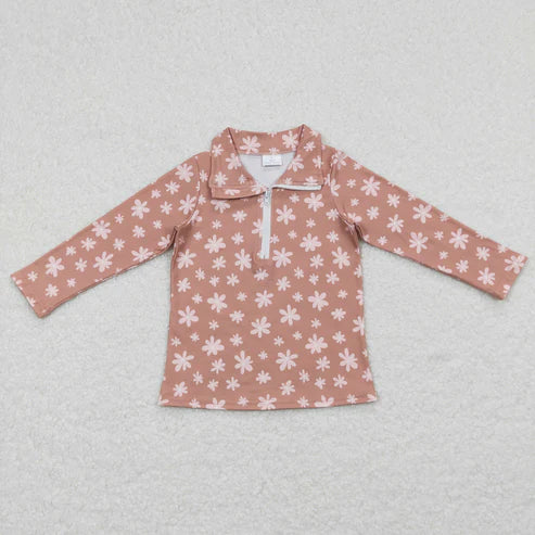 10.23 RST Sibling Baby Girls Boutique Flowers Checked Long Sleeves Half Zipper Pullovers Tops