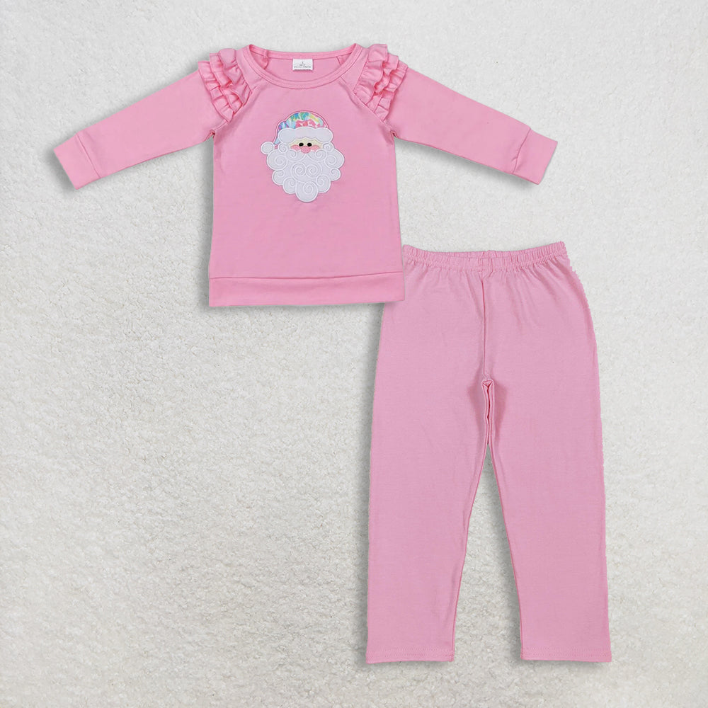 11.14 RTS NO MOQ (In stock)GT0369 + P0821 Baby Girls Christmas Pink Santa Long Sleeve Ruffle Tee Shirts Tops Light Pink Legging Pants