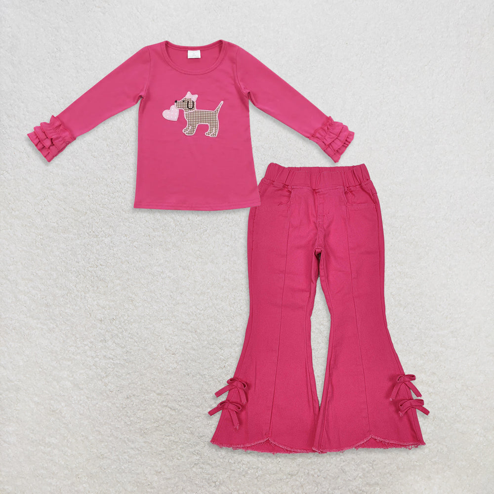 9.22 RTS NO MOQ (In stock)GT0409 + P0731 Baby Girls Green Long Sleeve Tee Shirts Tops Denim Flare Pants Jeans