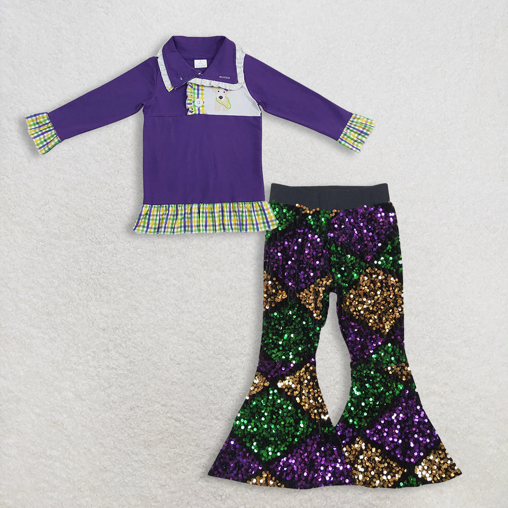 12.4 RTS NO MOQ (In stock)GT0412 + P0359 Baby Girls Mardi Gras Ruffle Dogs Pullovers Tops Sequin Bell Pants