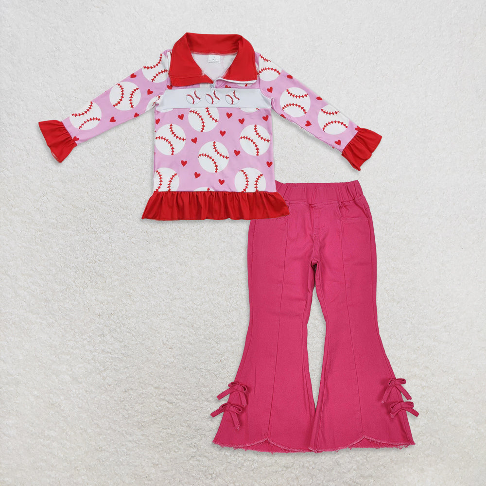 9.24RTS NO MOQ (In stock)GT0429 + P0731 Baby Girls Zip Long Sleeve Pullovers Tops Denim Flare Pants Jeans