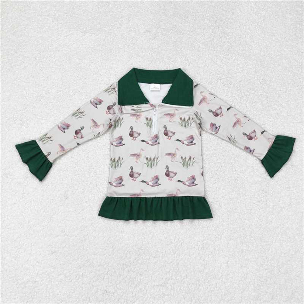 GT0605Long sleeves ruffle duck kids girls hunting pullover