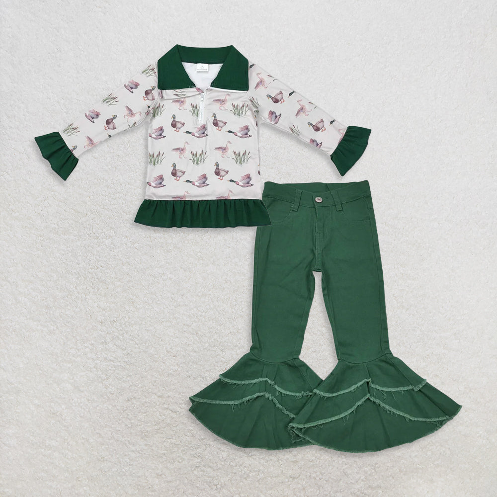 9.23 RTS NO MOQ (In stock)GT0605 + P0171 Baby Girls Ruffles Zip Pullovers Tops Green Denim Bell Pants