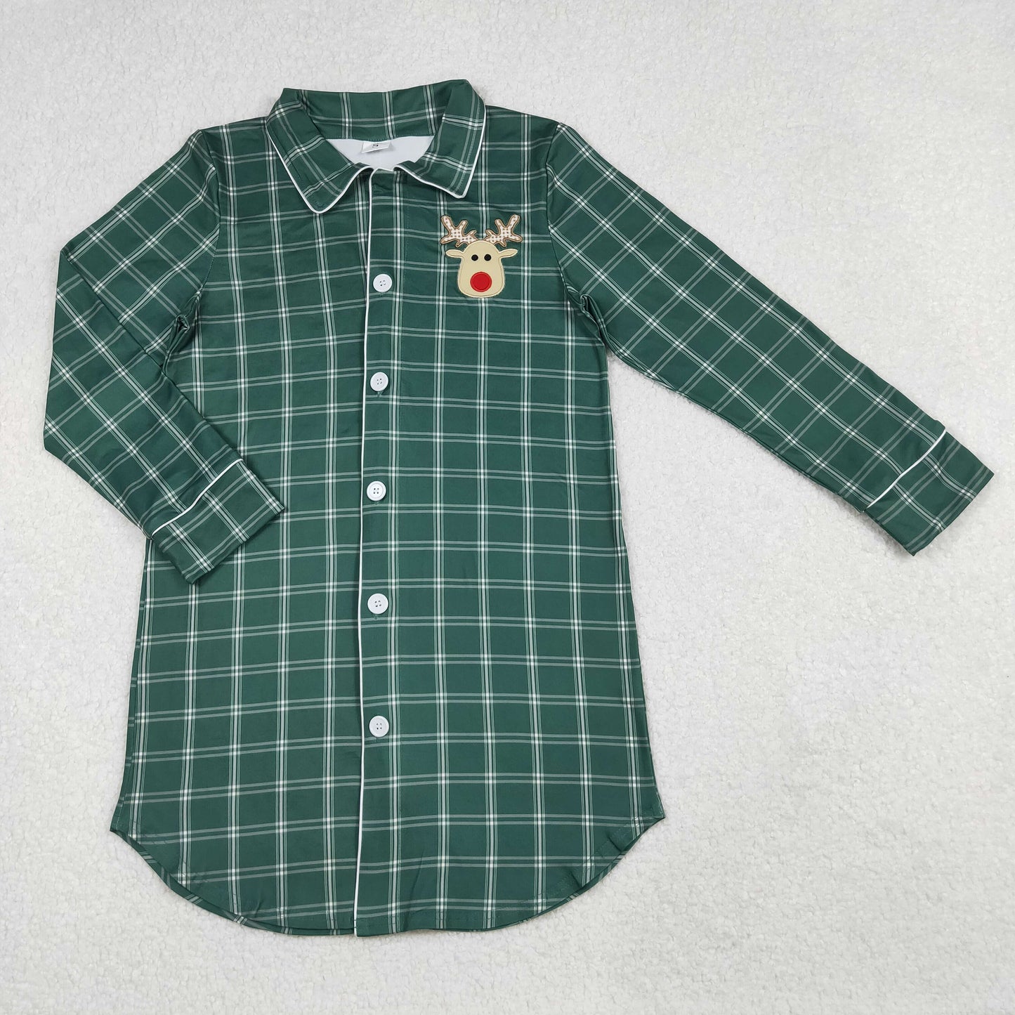 9.29 RTS NO MOQ (In stock)GT0621 Embroidery Deer Adult Women Green Checked Christmas Tops Sleep Wears