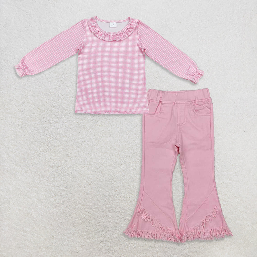 9.22 RTS NO MOQ (In stock)GT0641 + P0463 Baby Girls Green Long Sleeve Tee Shirts Tops Ruffle Denim Jeans